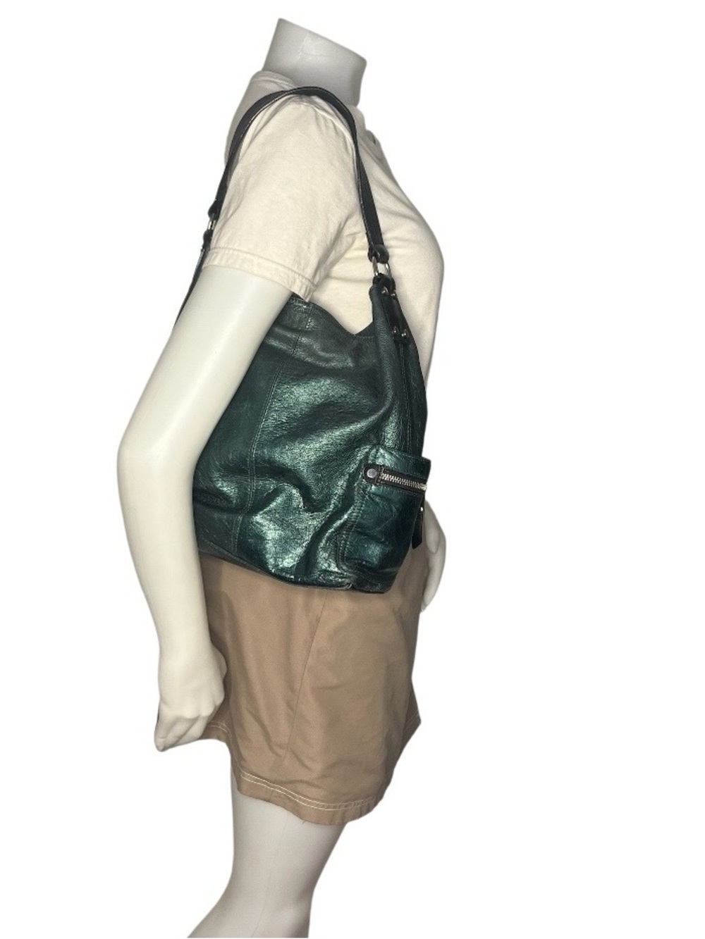 TANO Green Hobo Bag Tote Textured Leather Side Pockets Made in Italy - Picture 9 of 9